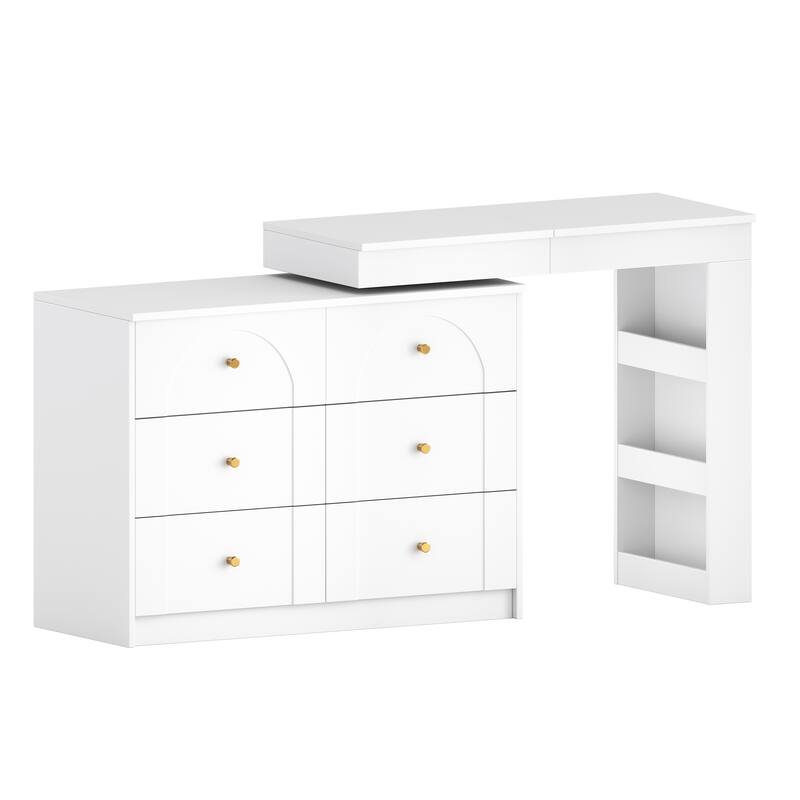 Vanity Desk with Mirror & Lights, Convertible L-Shape Makeup Table, Vanity Table with Flip-Top Tabletop, 3 Shelves & 7 Drawers