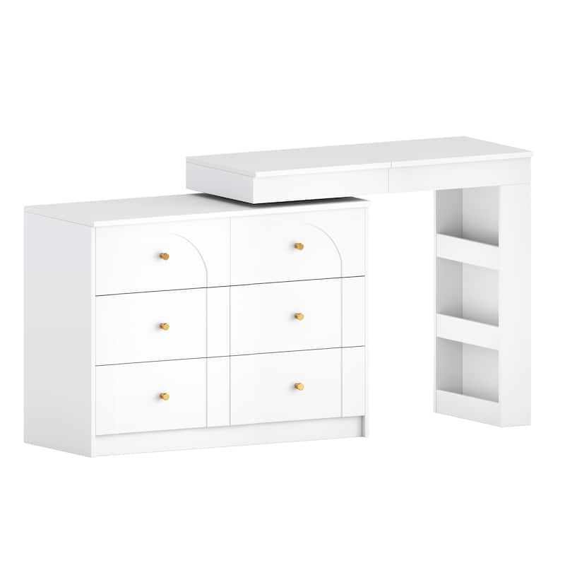 Vanity Desk with Mirror and Lights, Makeup Vanity Table with Flip-Top Tabletop and Storage 7 Drawers, 9 Compartments, 3 Shelves