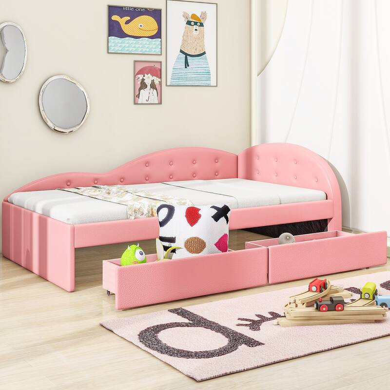 Twin Size PU Upholstered Tufted Daybed with Two Drawers
