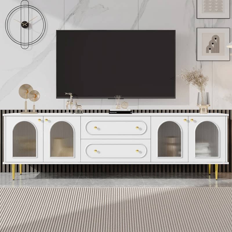 78.7'' Modern TV Stand, TV Cabinet with Five Metal Legs and Metal Handles, 2 Drawers and 2 Cabinets with Fluted Glass Doors
