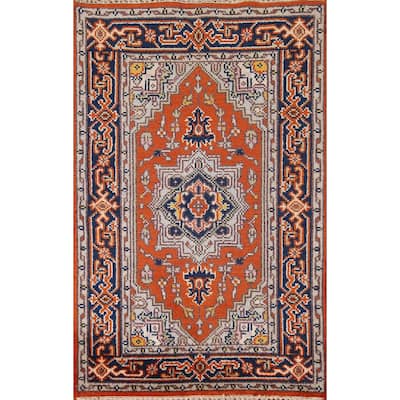 Orange Geometric Heriz Serapi Oriental Accent Rug Handmade Wool Carpet - 2'11"x 4'11"