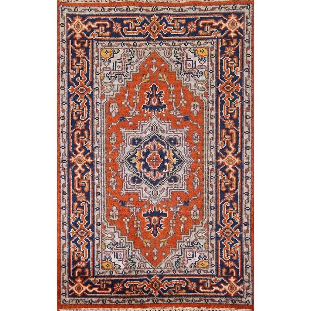 Orange Geometric Heriz Serapi Oriental Accent Rug Handmade Wool Carpet - 2'11"x 4'11"