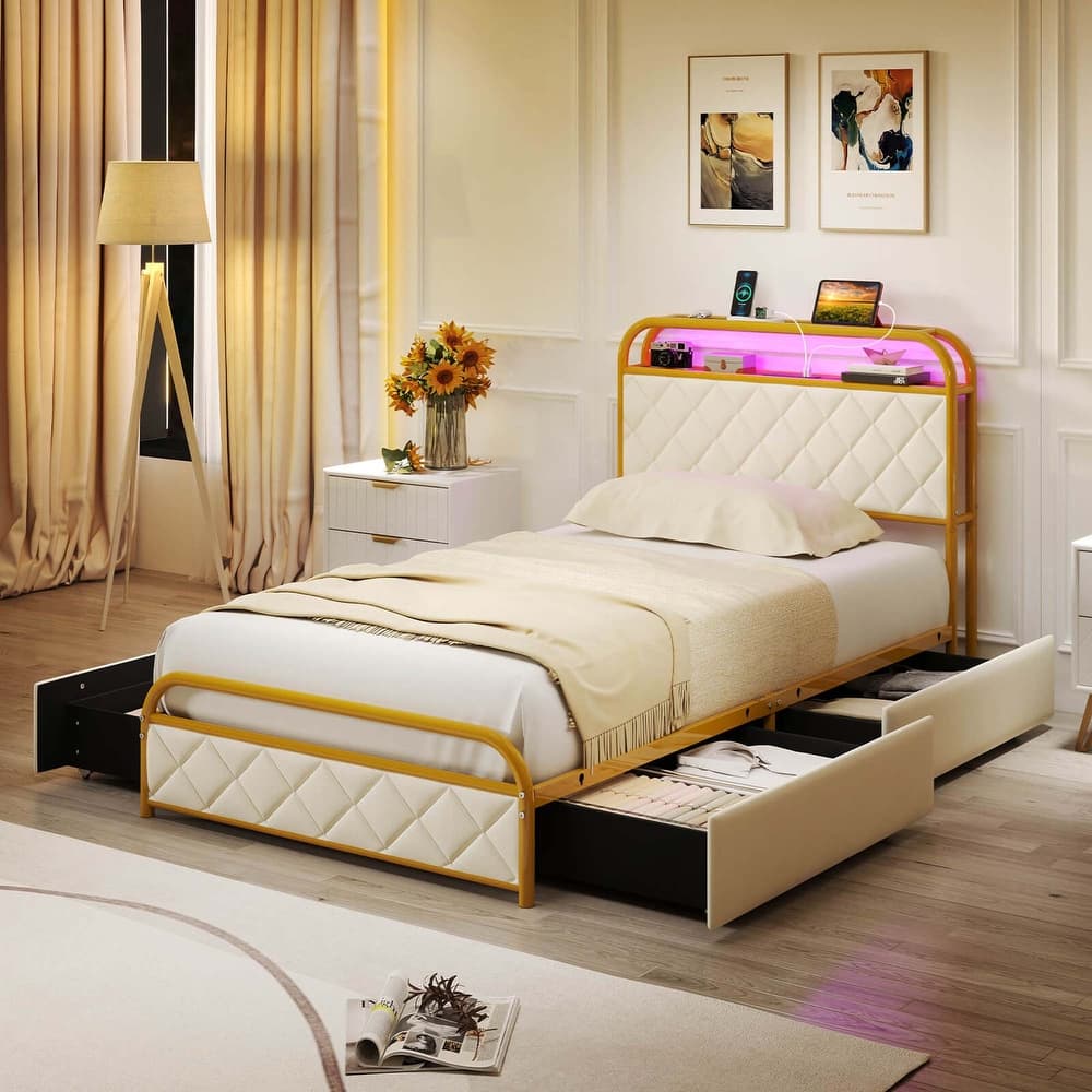 Costway Twin/Full/Queen Size Bed Frame with LED Lights & Charging