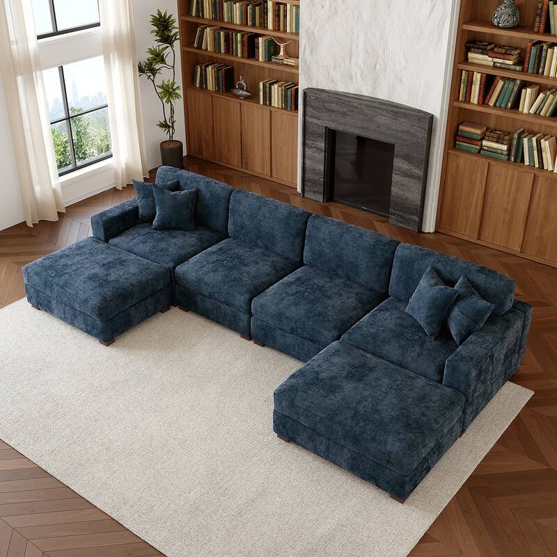 Oversized Chenille Modular Sectional Sofa Conversation Set with 2 Ottomans - Blue/6 Piece