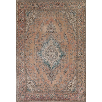 Distressed Tabriz Vintage Persian Rug Dining Room Handmade Wool Carpet - 9'3" x 12'9"
