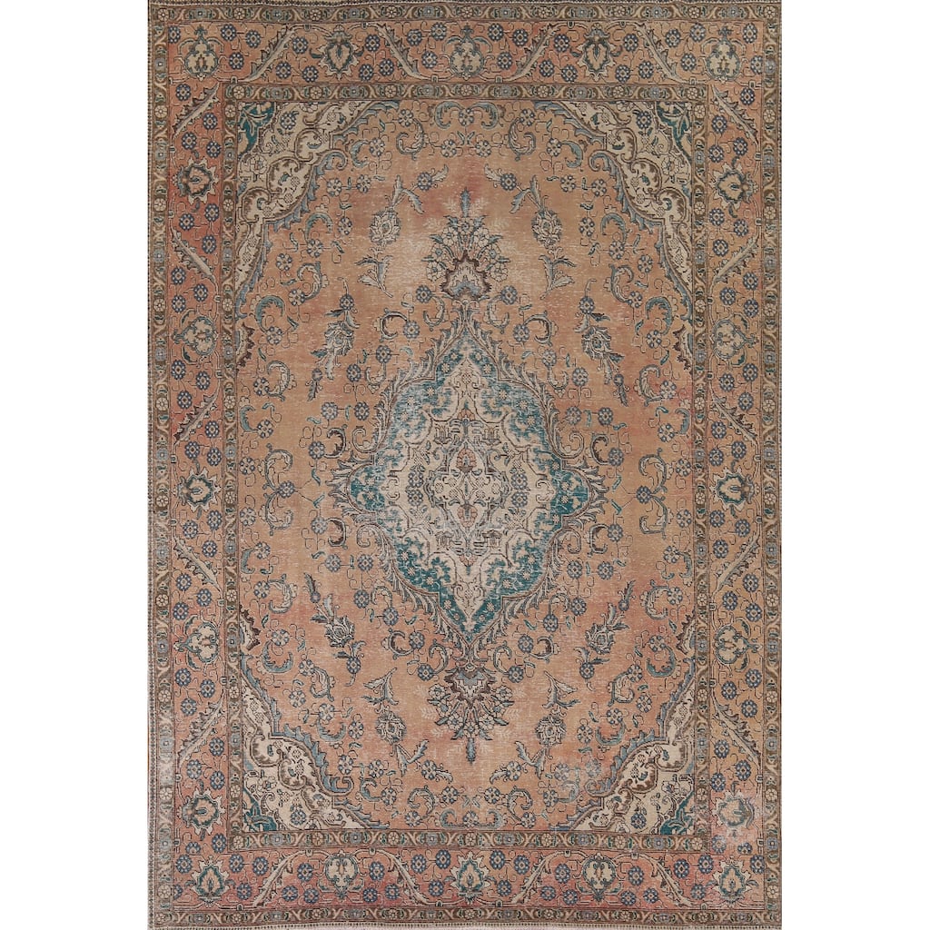 Distressed Tabriz Vintage Persian Rug Dining Room Handmade Wool Carpet - 9'3" x 12'9"