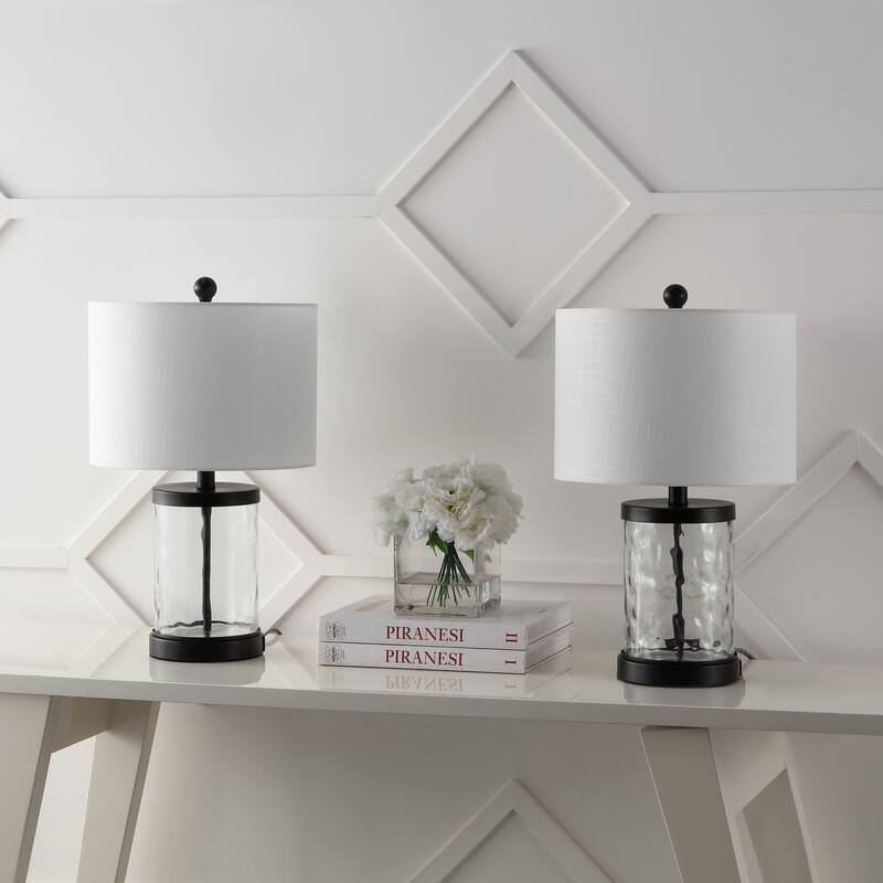 Charlotte 21" Modern Designer Iron/Water Glass LED Table Lamp with USB Charging Port, Black/Clear (Set of 2) by JONATHAN Y