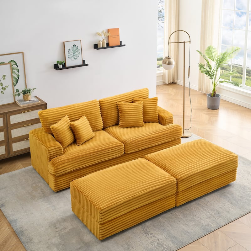 Orange Corduroy Sleeper Sectional Sofa Bed, Loveseat Couch & Storage Ottomans Set with Pillows and Removable Cushions