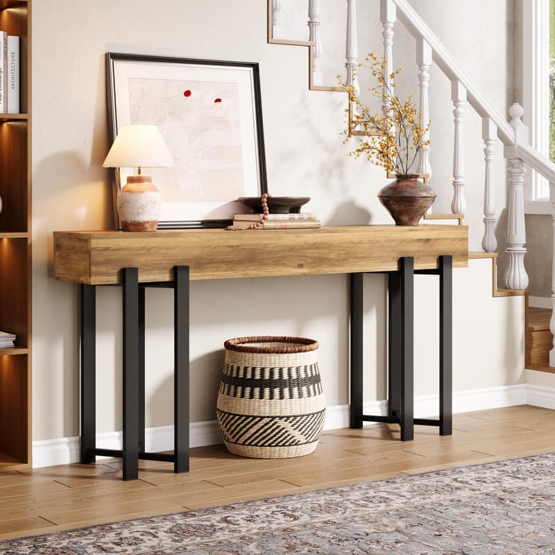 63-inch Long Industrial Entryway Table with Metal Legs for Living Room