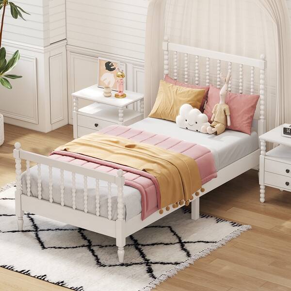 Twin Size Wood Platform Bed with Gourd Shaped Headboard and Footboard