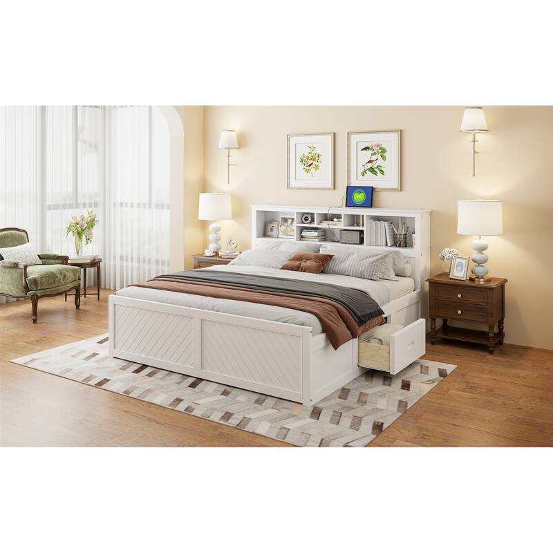 King Size Wood Platform Bed Frame with Multi-Storage Headboard, USB Charging and Drawers, No Box Spring Needed For Bedroom