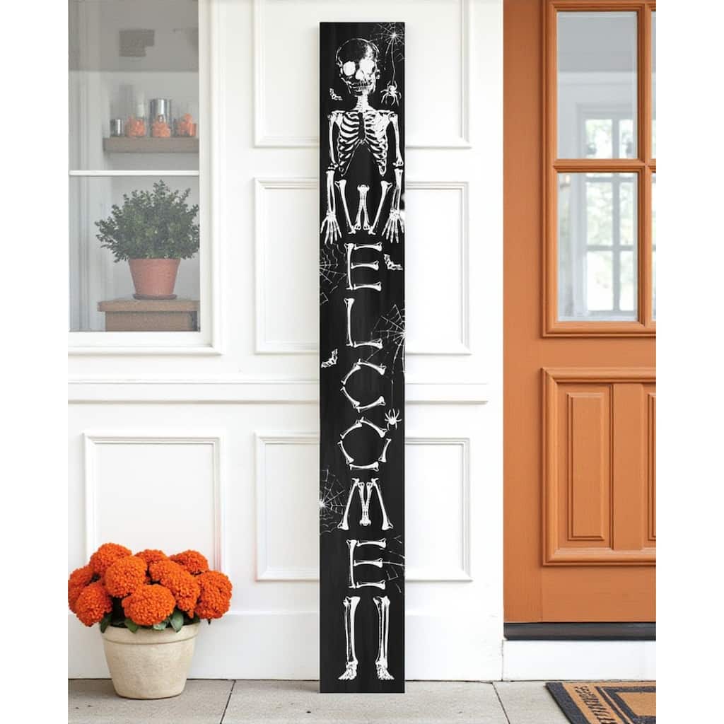 HomeRoots 72" Black And White Solid Wood Welcome Halloween Skeleton Porch Sign