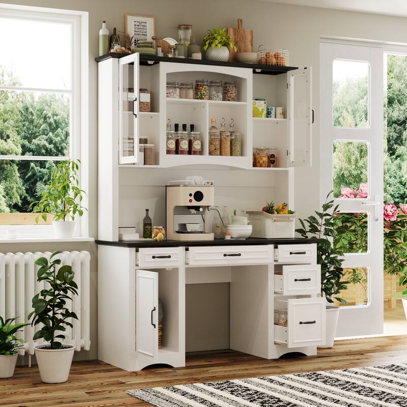 Coffee Bar Cabinet and Work Desk with Hutch,Pantry Storage Cabinet with Outlets