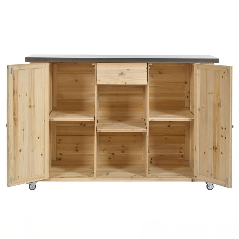 Outdoor Kitchen Island Fir Wood Kitchen Island with Stainless Steel Top, Ample Storage Space, Towel and Spice Racks