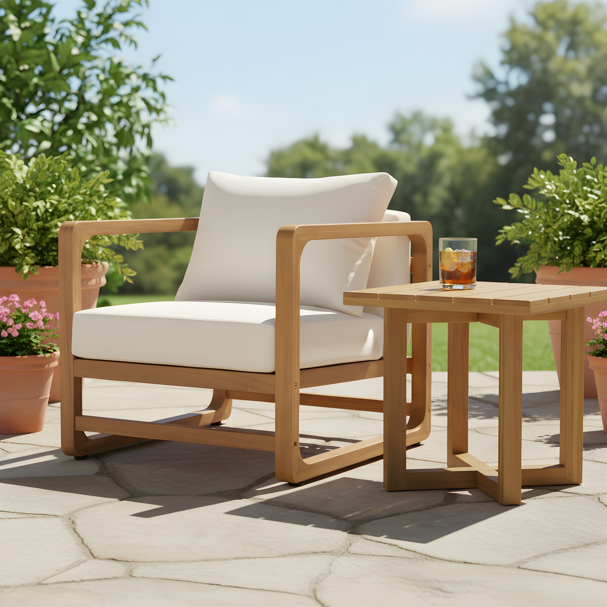 Christopher Knight Home - Modern Outdoor Acacia Wood Club Chair Set with Square Side Table Set & Water-Resistant Cushions