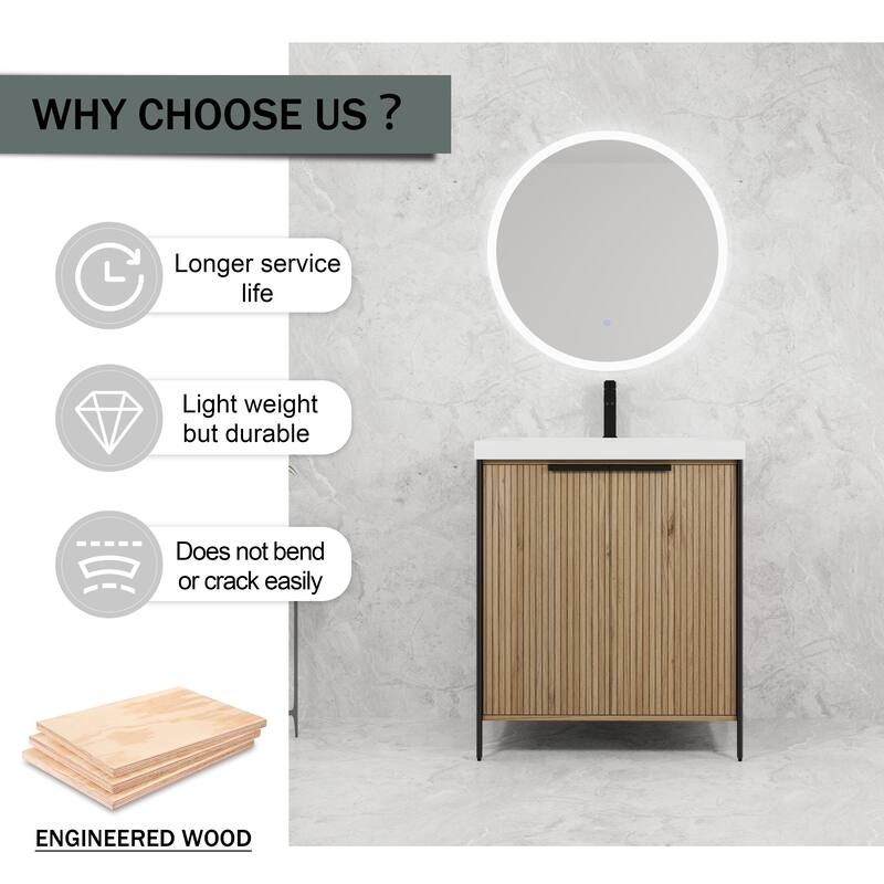 30" Freestanding Bathroom Vanity with Resin Sink & 2 Soft-Close Cabinet Doors (KD-Packing)