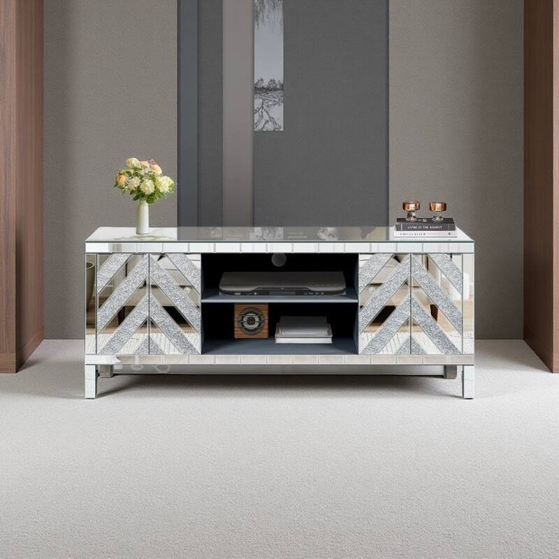 59" Silver Mirrored TV Stand Console Table with M-Shaped Diamond Mirror Doors, Crystal Handles, Open Shelves & Storage Cabinets - Silver