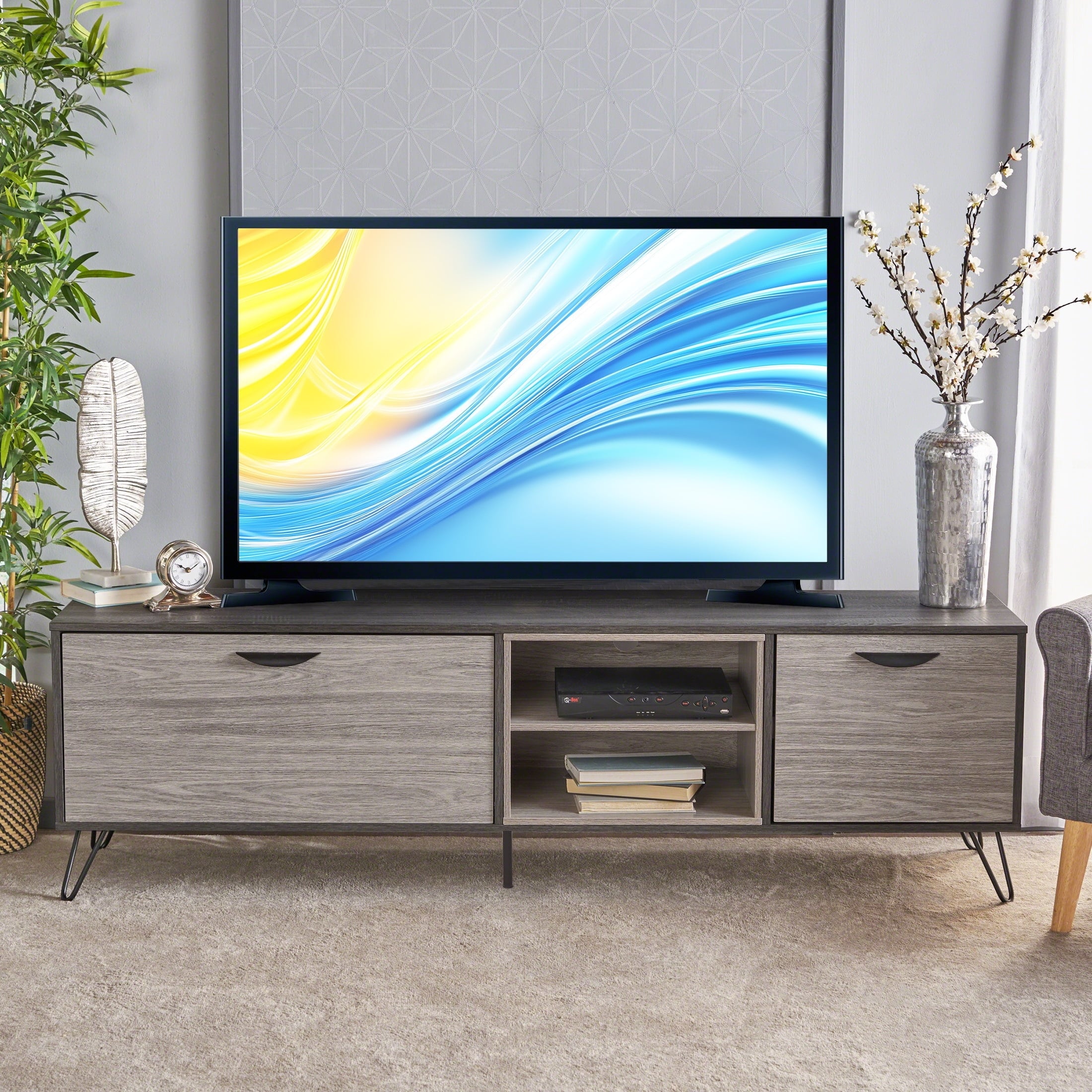 71-inch Modern TV Stand with Storage, Industrial Media Console with Hairpin Legs for Living Room, Grey Entertainment Center