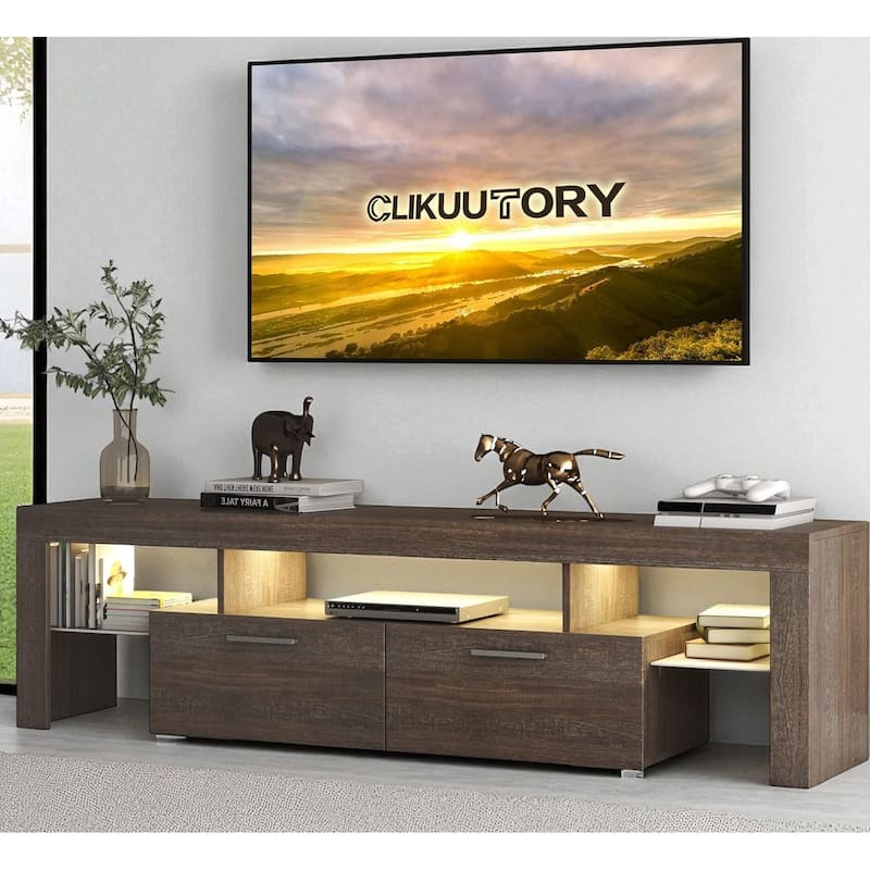 63" LED TV Stand with Drawers, Brown Wood Farmhouse Console for 40-75" TVs, Glossy Entertainment Center