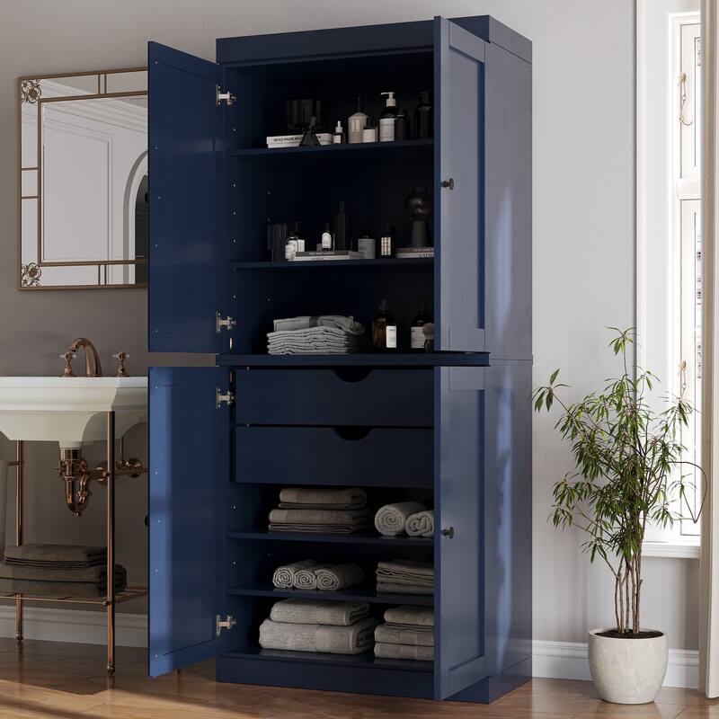 Palace Imports 100% Solid Wood Bathroom Storage Cabinet, Shaker Doors, 2 Drawers, Adjustable Shelves, 32" Wide, 71.5" Tall - Navy Blue