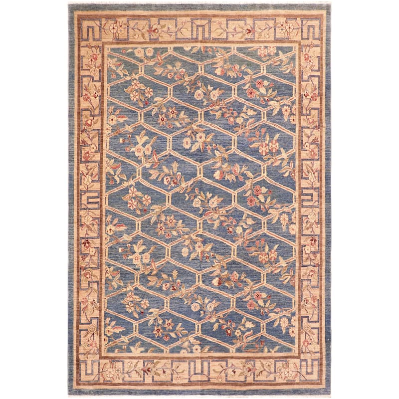 Hexagonal Trellis Floral Hand-Knotted Wool Area Rug - 8'0'' x 10'0''
