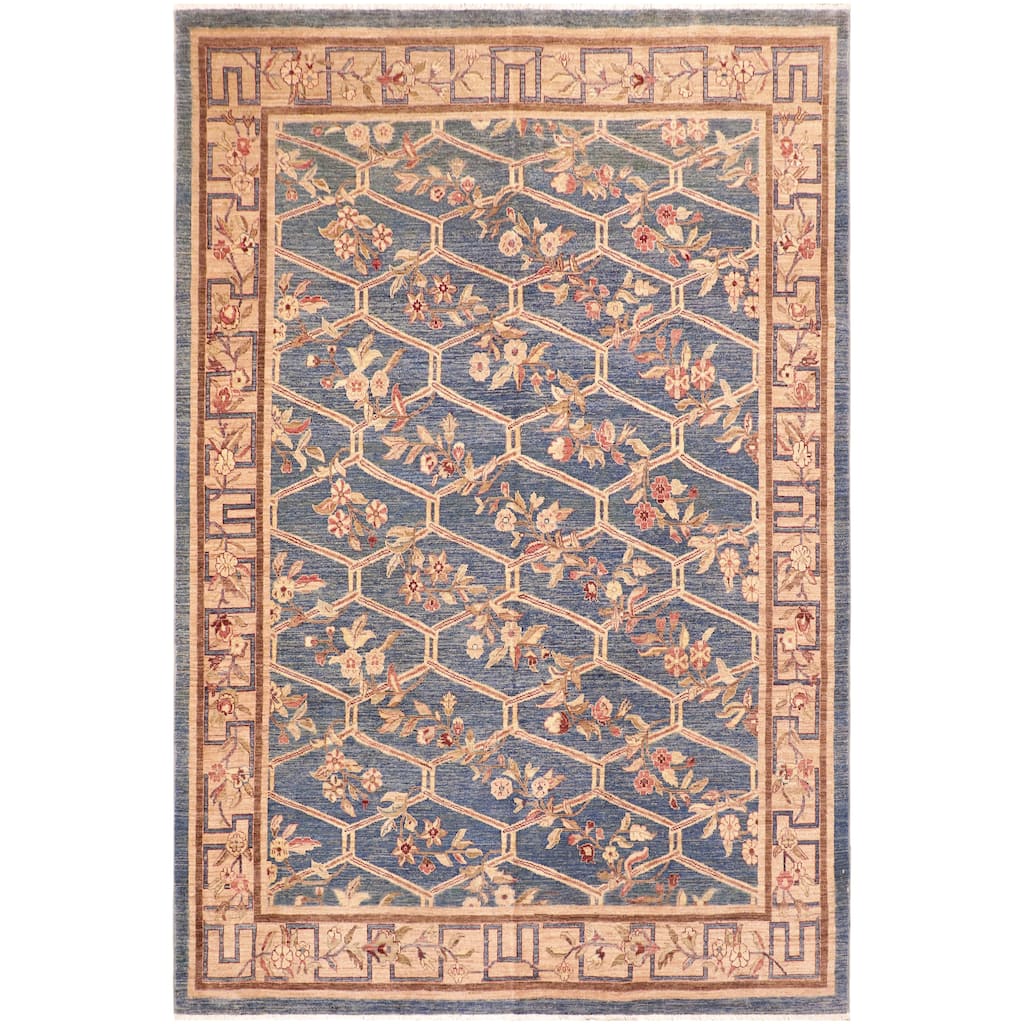 Hexagonal Trellis Floral Hand-Knotted Wool Area Rug