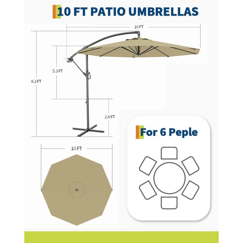 10FT Offset Umbrella with Cross Base, Fade Resistant Canopy Large Patio Umbrella with 360-degree