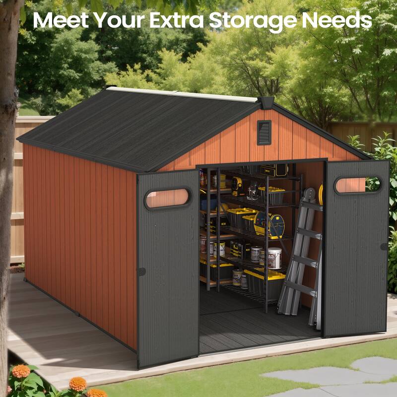 8X12 FT All-Weather Waterproof Plastc Outdoor Resin Storage Shed Windows Lockable Door with Floor for Patio Furniture and Tools