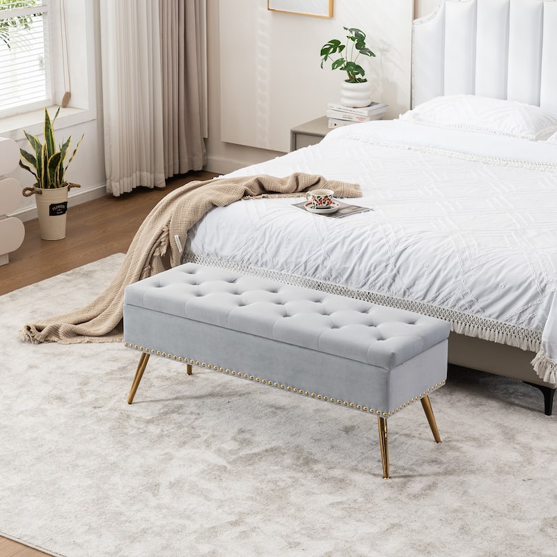 Velvet Storage Ottoman Bench with gold legs and Nailhead Trim for Bedroom/End of Bed/Entryway/Window