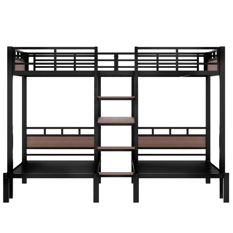 1+2 Sleeping Layout, Triple Bunk Bed for Multi Children with Stairs and Shelf, Queen Over Twin Over Twin Metal Bed Frame