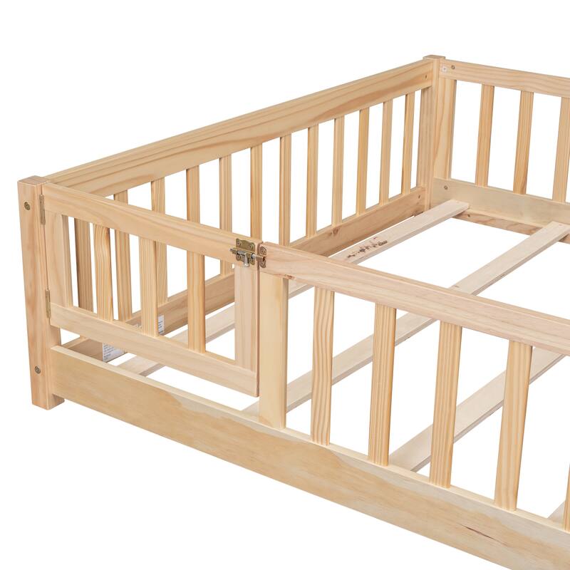 Full size Floor Platform Bed with Fence and Door, White
