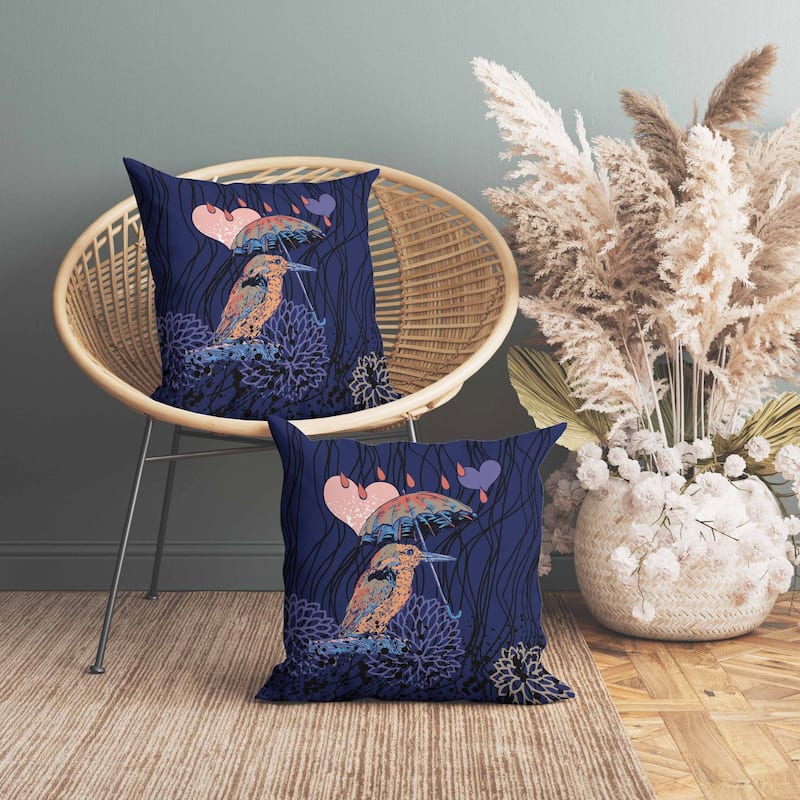 Bird with Umbrella Faux Suede Reversible Throw Pillow Blue and Orange