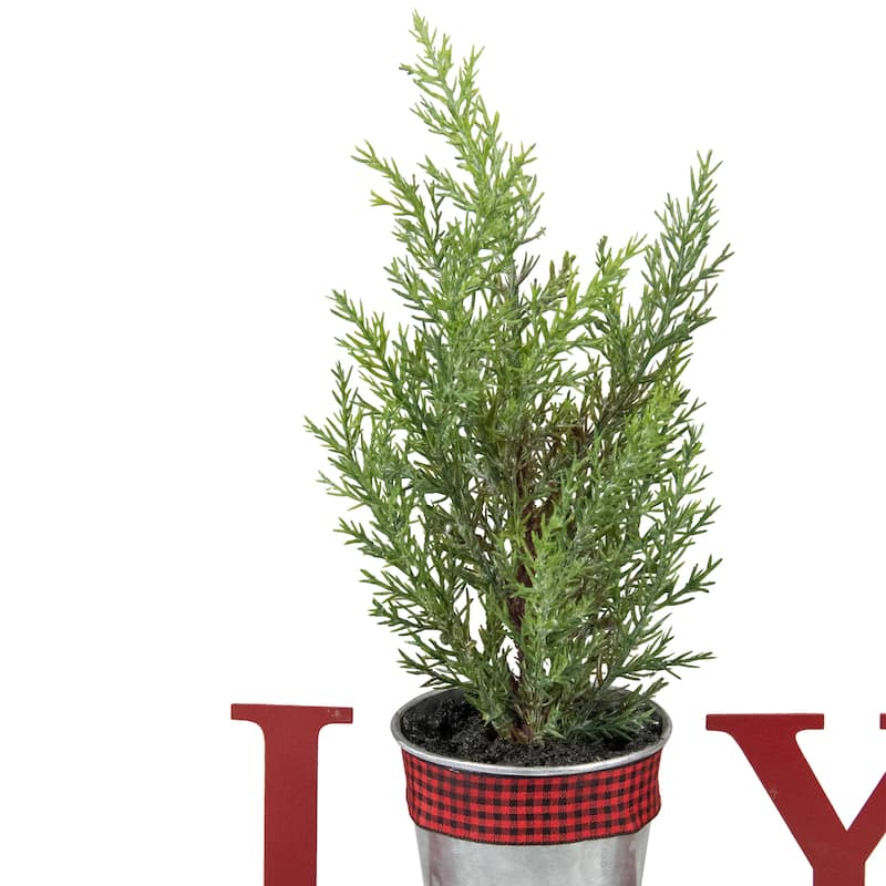 10" Red "JOY" Potted Faux Pine Metal Planter Christmas Tabletop Plaque