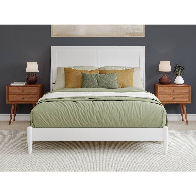 Solid Wood Low Profile Sleigh Bed - Queen Size Platform Bed with USB Charging Station - Modern Bedroom Furniture