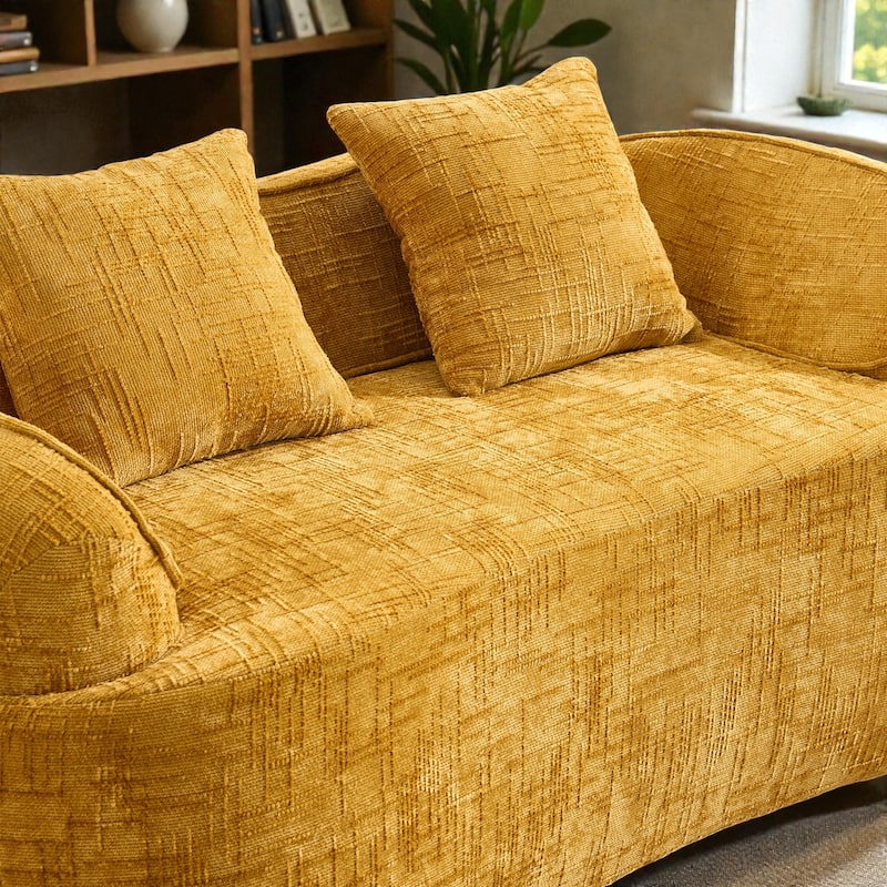 Curved 2 Seater Compressed Sofa Loveseat, Chenille Upholstered Couch with Armrests and Pillows, No Assembly