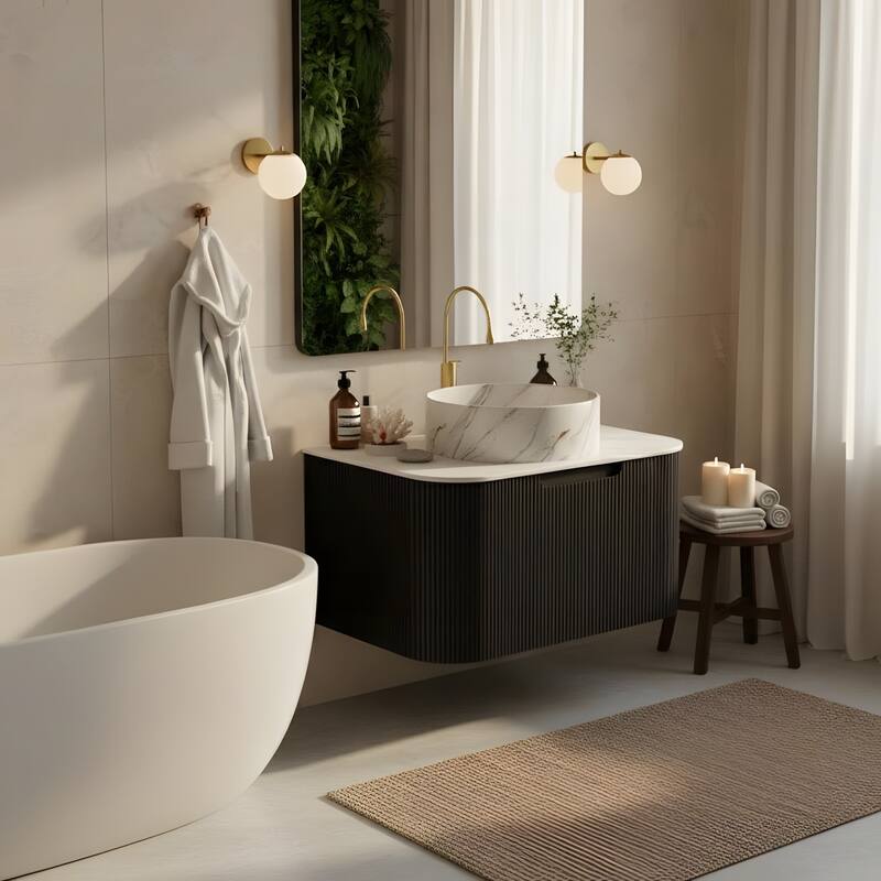 Floating Bathroom with Round Ceramic Basin and Storage Drawer