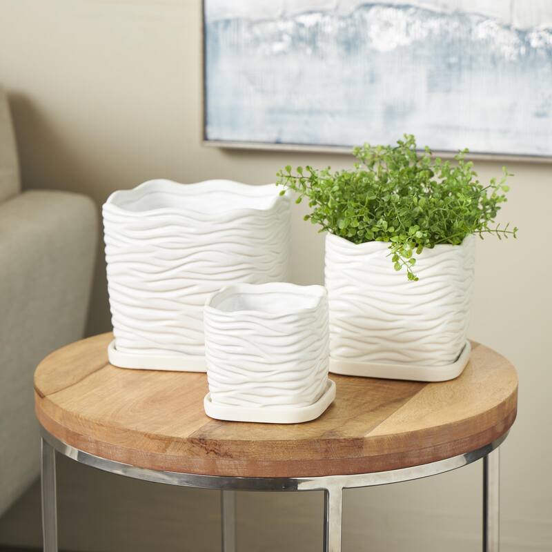 Black or White Ceramic Wavy Ribbed Indoor Outdoor Planter with Attached Saucer (Set of 3) - White