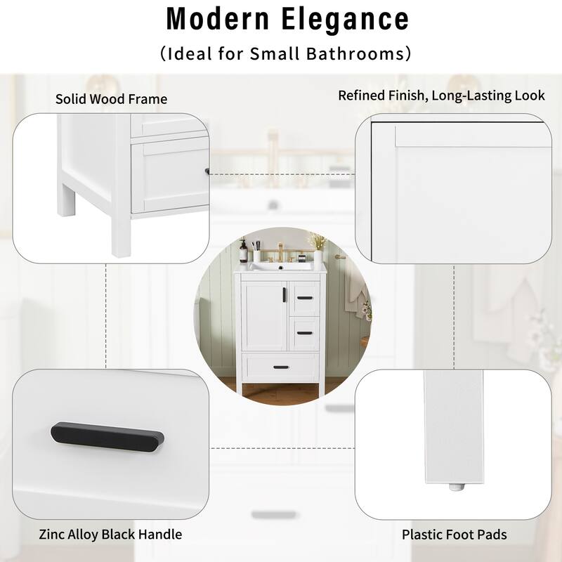 24" Bathroom Vanity with Ceramic Sink Bathroom Storage Cabinet with Double-Layer Door Shelf and 3 Drawers