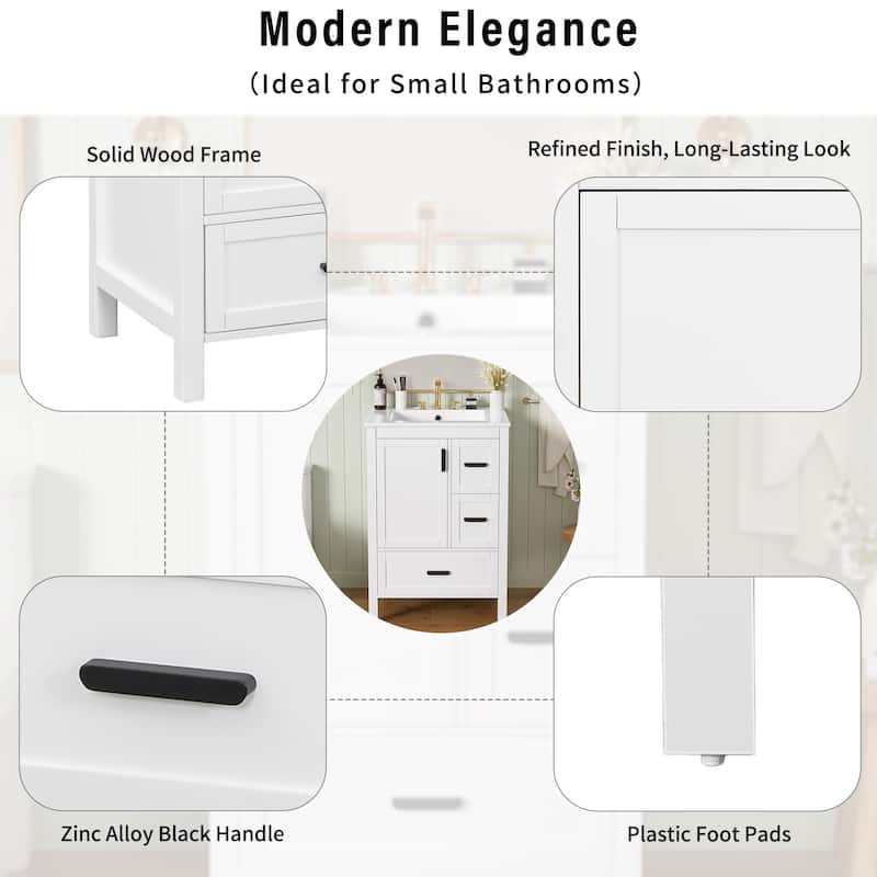24" Modern Bathroom Vanity with Ceramic Sink - Soft-Close Door, 3 Drawers, Double-Layer Shelf, Minimalist Design