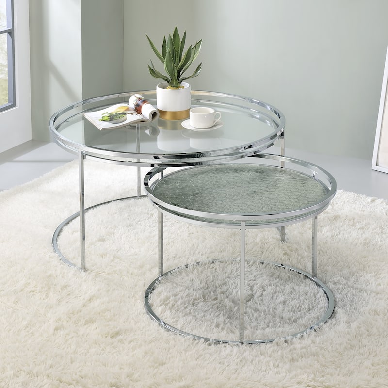 Elema Glam Chrome Glass Top 2-Piece Nesting Tables Set by Furniture of America - Clear