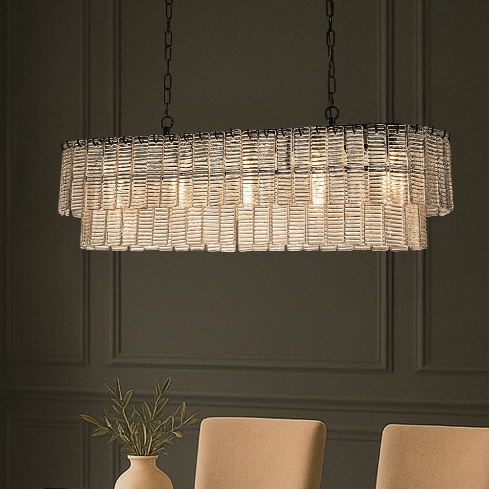 AloaDecor 5-Light 39'' Matte Black Rectangle Elegant Ribbed Glass Chandelier Vintage Art Glass Pendant Light For Dining Room