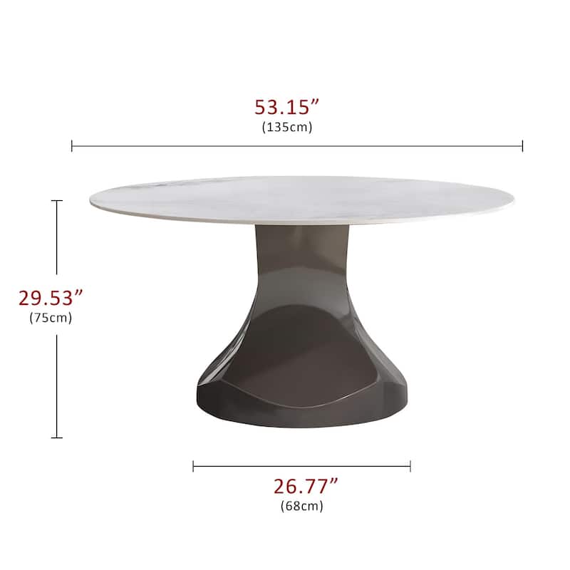 Modern Round Rock Stone Top Gunmetal Grey Stainless Steel Pedestal Dining Table - 4 Seats - Grayish White