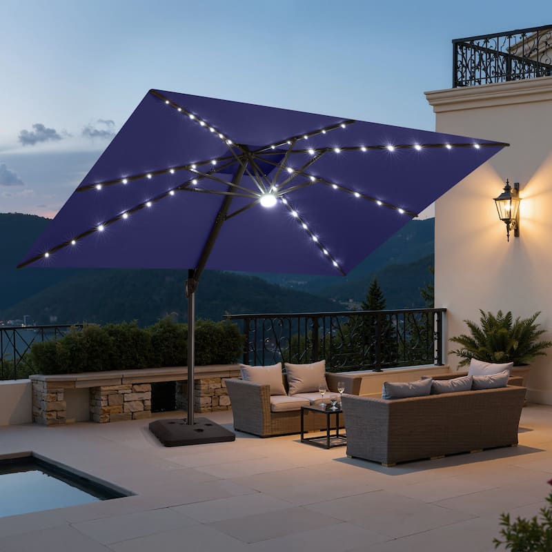 9 x11 FT LED Lighted Patio Cantilever Umbrella Double Top with Weighted Base - Navy Blue with Base