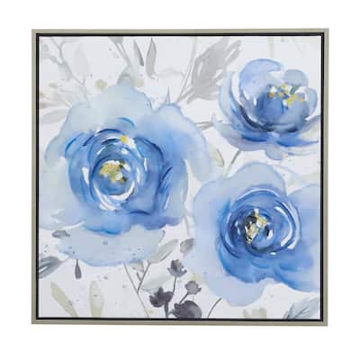 Canvas Floral Framed Wall Art with Silver Frame - Blue - Roche River Decor