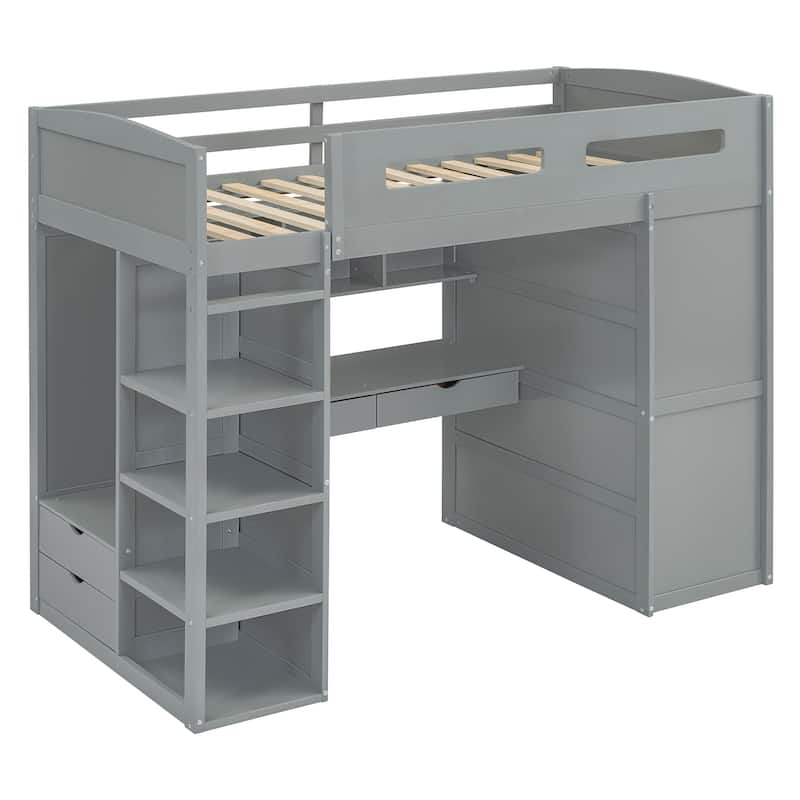 Gray Twin Size Solid Wood Loft Bed with Desk, Wardrobes, 4 Drawers and 4 Shelves for Kids, Bedroom