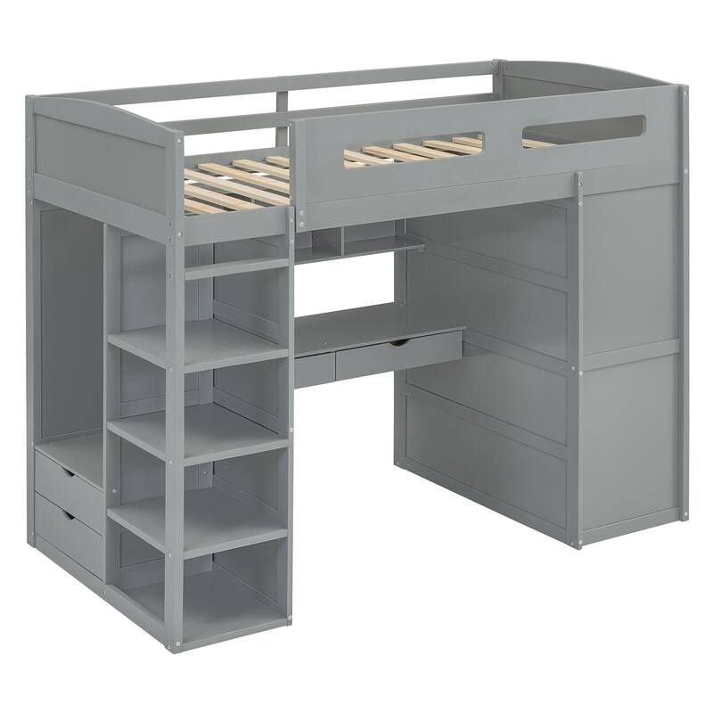 Twin Size Solid Wood Loft Bed with Desk, Wardrobes & Drawers