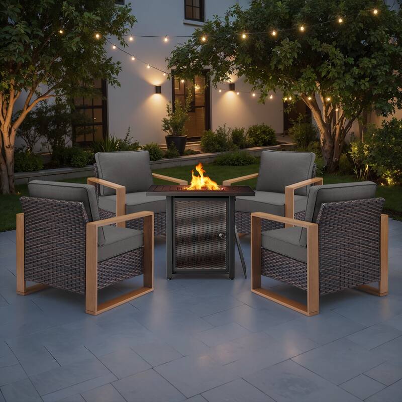 Meyreso 5-Piece Wicker Patio Conversation Set with Metal Fire Pit & Plush 4.5" Olefin Cushions - Brown Wicker - Gray Cushions