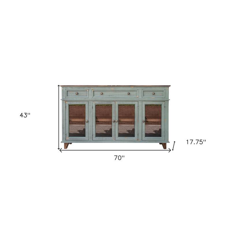 HomeRoots 70" Green Solid and Manufactured Wood Distressed Credenza - 70.00 in. x 43.00 in. x 17.75 in.