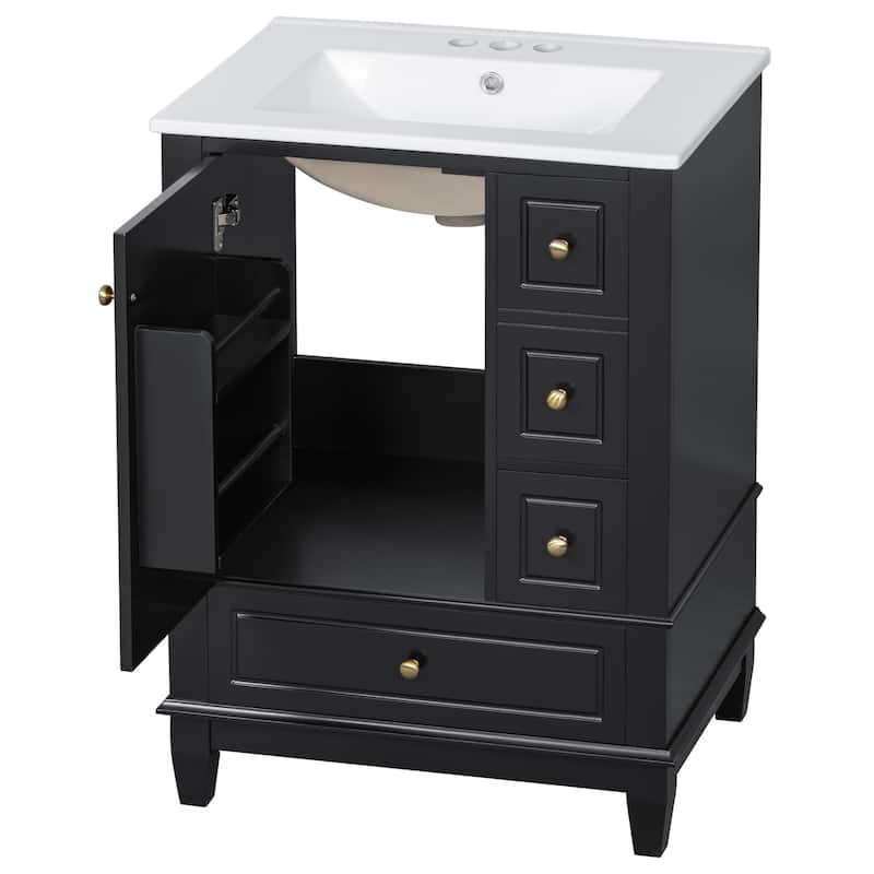 24" Freestanding Bathroom Vanity with Sink - Ceramic Top, Drawers & Shelves, MDF & Solid Wood Base, for Small Bathrooms