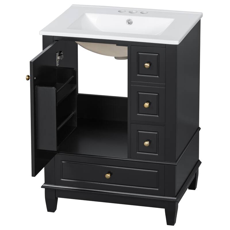 Roomfitters 24" Bathroom Vanity with Sink, Solid Wood Frame, 3 Drawers & Side Cabinet with Door Racks